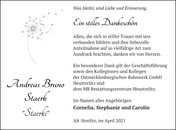 Traueranzeige von Andreas Bruno Staerk von Strelitzer Zeitung