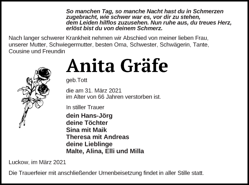  Traueranzeige für Anita Gräfe vom 10.04.2021 aus Haff-Zeitung