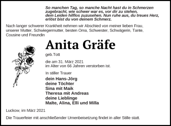 Traueranzeige von Anita Gräfe von Haff-Zeitung