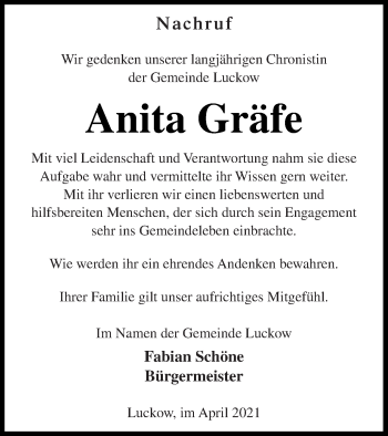 Traueranzeige von Anita Gräfe von Haff-Zeitung