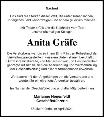 Traueranzeige von Anita Gräfe von Haff-Zeitung