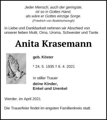 Traueranzeige von Anita Krasemann von Neubrandenburger Zeitung