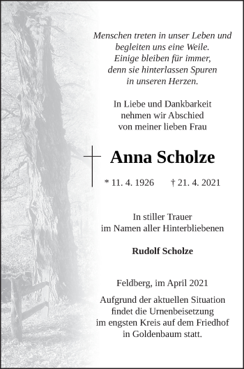 Traueranzeige von Anna Scholze von Strelitzer Zeitung