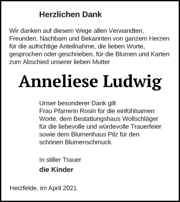 Traueranzeige von Anneliese Ludwig von Templiner Zeitung