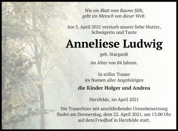 Traueranzeige von Anneliese Ludwig von Templiner Zeitung