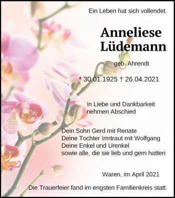 Traueranzeige von Anneliese Lüdemann von Müritz-Zeitung