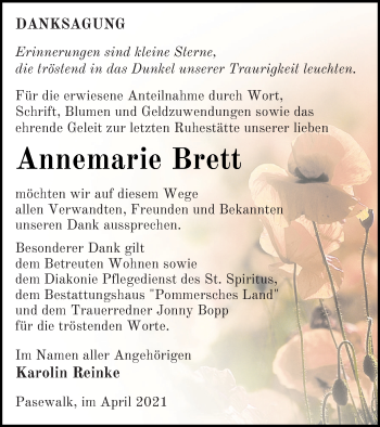Traueranzeige von Annemarie Brett von Pasewalker Zeitung