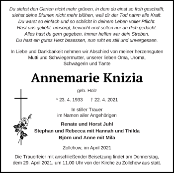 Traueranzeige von Annemarie Knizia von Prenzlauer Zeitung