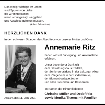 Traueranzeige von Annemarie Ritz von Vorpommern Kurier