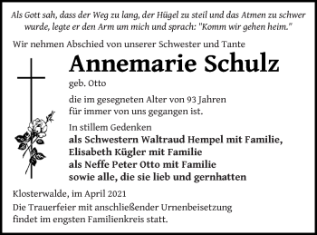 Traueranzeige von Annemarie Schulz von Templiner Zeitung