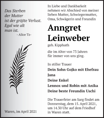 Traueranzeige von Anngret Leinweber von Müritz-Zeitung