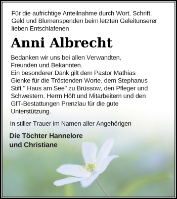 Traueranzeige von Anni Albrecht von Prenzlauer Zeitung