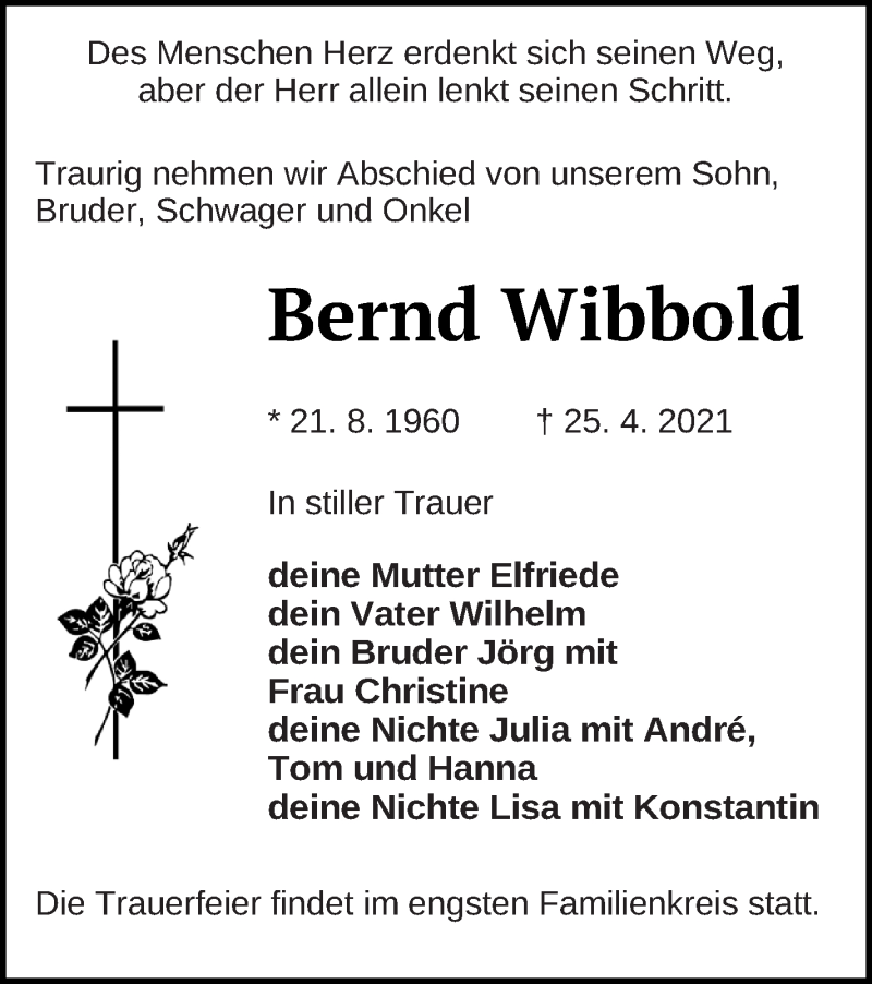  Traueranzeige für Bernd Wibbold vom 28.04.2021 aus Müritz-Zeitung