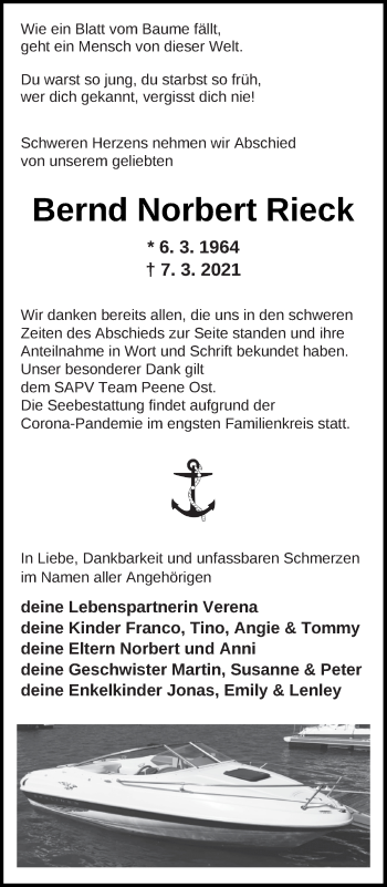 Traueranzeige von Bernd Norbert Rieck von Haff-Zeitung