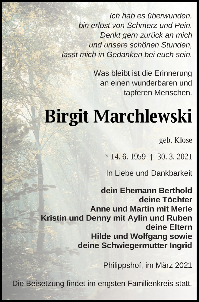  Traueranzeige für Birgit Marchlewski vom 03.04.2021 aus Neubrandenburger Zeitung