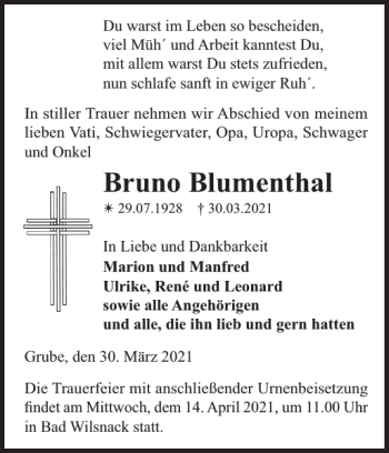 Traueranzeige von Bruno Blumenthal von Der Prignitzer