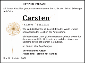 Traueranzeige von Carsten Hammel von Vorpommern Kurier