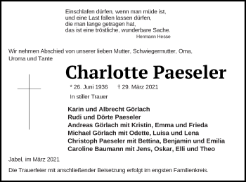 Traueranzeige von Charlotte Paeseler von Müritz-Zeitung