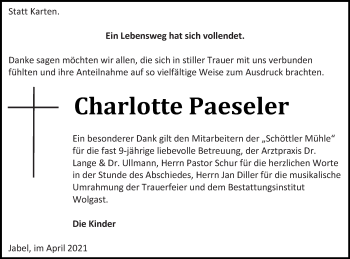 Traueranzeige von Charlotte Paeseler von Müritz-Zeitung