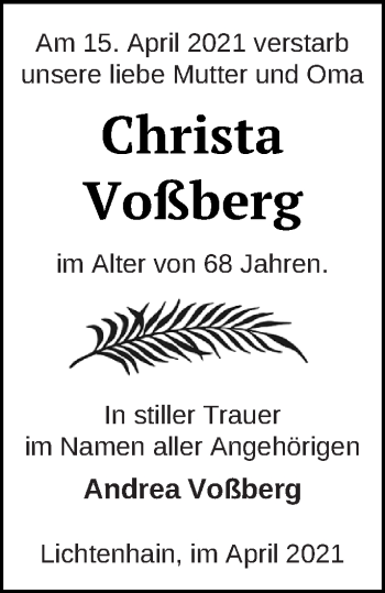 Traueranzeige von Christa Voßberg von Templiner Zeitung