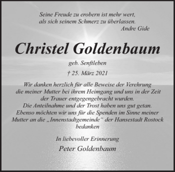 Traueranzeige von Christel Goldenbaum von Norddeutsche Neueste Nachrichten