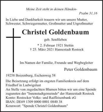 Traueranzeige von Christel Goldenbaum von Norddeutsche Neueste Nachrichten