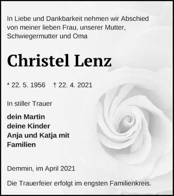 Traueranzeige von Christel Lenz von Demminer Zeitung