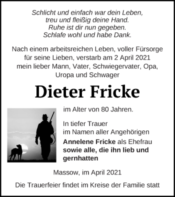 Traueranzeige von Dieter Fricke von Müritz-Zeitung