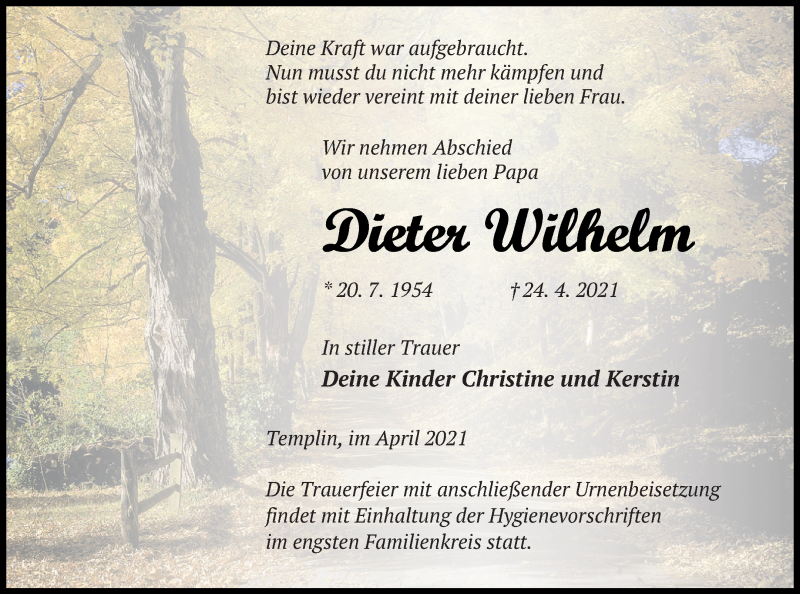  Traueranzeige für Dieter Wilhelm vom 28.04.2021 aus Templiner Zeitung