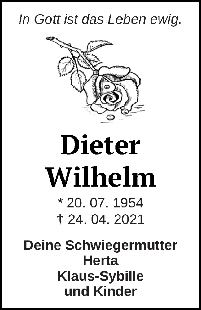  Traueranzeige für Dieter Wilhelm vom 30.04.2021 aus Templiner Zeitung