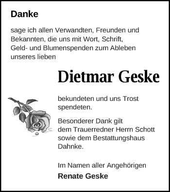 Traueranzeige von Dietmar Geske von Müritz-Zeitung