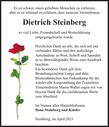 Traueranzeige von Dietrich Steinberg von Anzeiger für Sternberg - Brüel - Warin