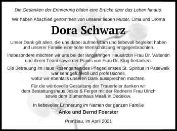 Traueranzeige von Dora Schwarz von Prenzlauer Zeitung