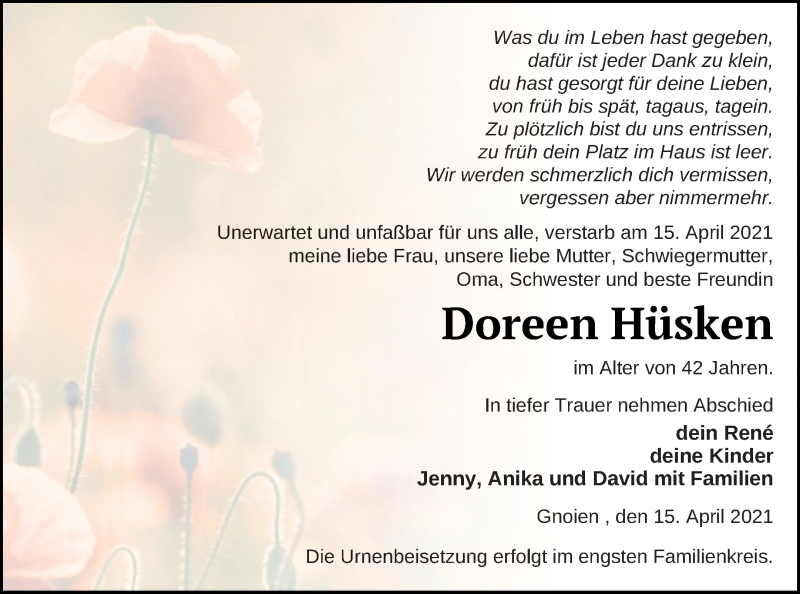  Traueranzeige für Doreen Hüsken vom 23.04.2021 aus Mecklenburger Schweiz