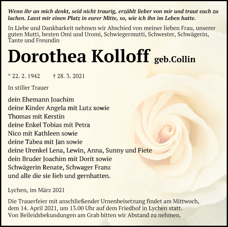  Traueranzeige für Dorothea Kolloff vom 03.04.2021 aus Templiner Zeitung