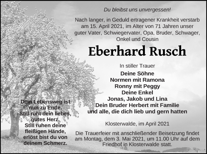  Traueranzeige für Eberhard Rusch vom 20.04.2021 aus Templiner Zeitung