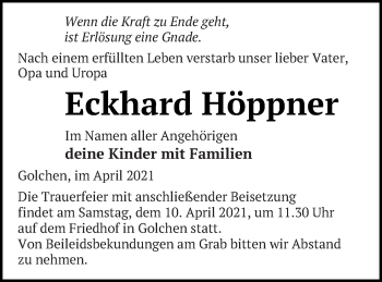 Traueranzeige von Eckhard Höppner von Neubrandenburger Zeitung