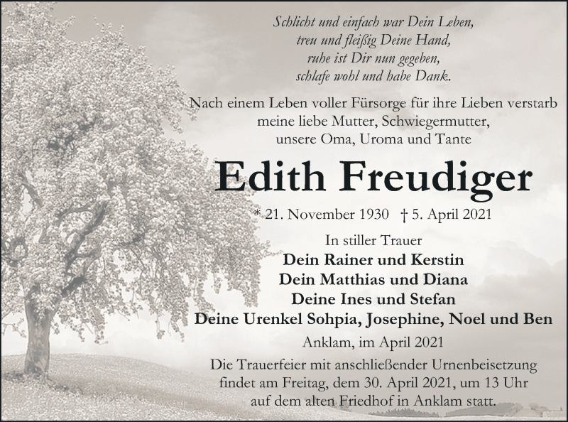  Traueranzeige für Edith Freudiger vom 10.04.2021 aus Vorpommern Kurier