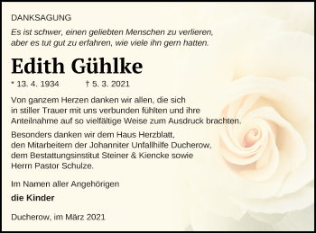 Traueranzeige von Edith Gühlke von Vorpommern Kurier