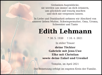 Traueranzeige von Edith Lehmann von Templiner Zeitung