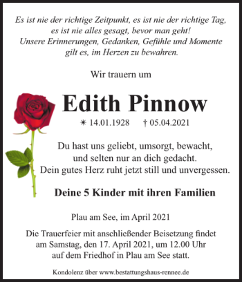 Traueranzeige von Edith Pinnow von Zeitung für Lübz - Goldberg - Plau