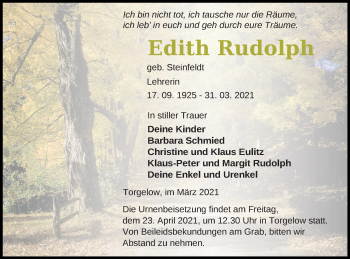 Traueranzeige von Edith Rudolph von Haff-Zeitung