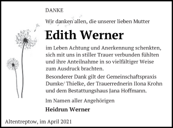 Traueranzeige von Edith Werner von Neubrandenburger Zeitung