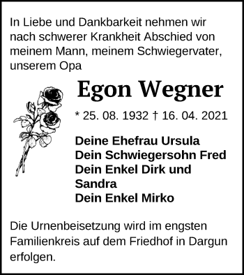 Traueranzeige von Egon Wegner von Mecklenburger Schweiz