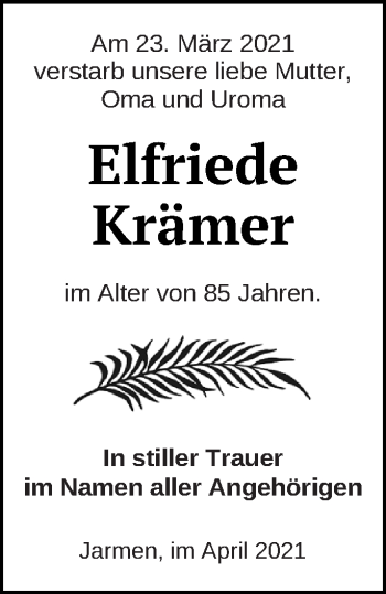 Traueranzeige von Elfriede Krämer von Vorpommern Kurier