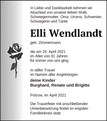 Traueranzeige von Elli Wendlandt von Pasewalker Zeitung