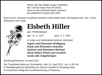 Traueranzeige von Elsbeth Hiller von Pasewalker Zeitung