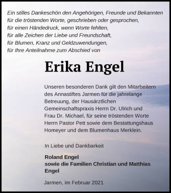 Traueranzeige von Erika Engel von Vorpommern Kurier