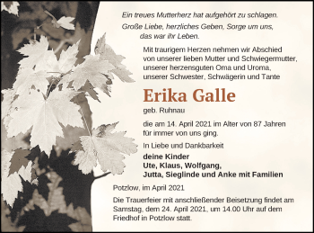 Traueranzeige von Erika Galle von Prenzlauer Zeitung