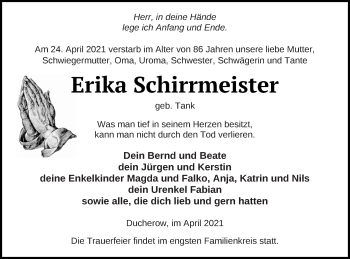 Traueranzeige von Erika Schirrmeister von Vorpommern Kurier